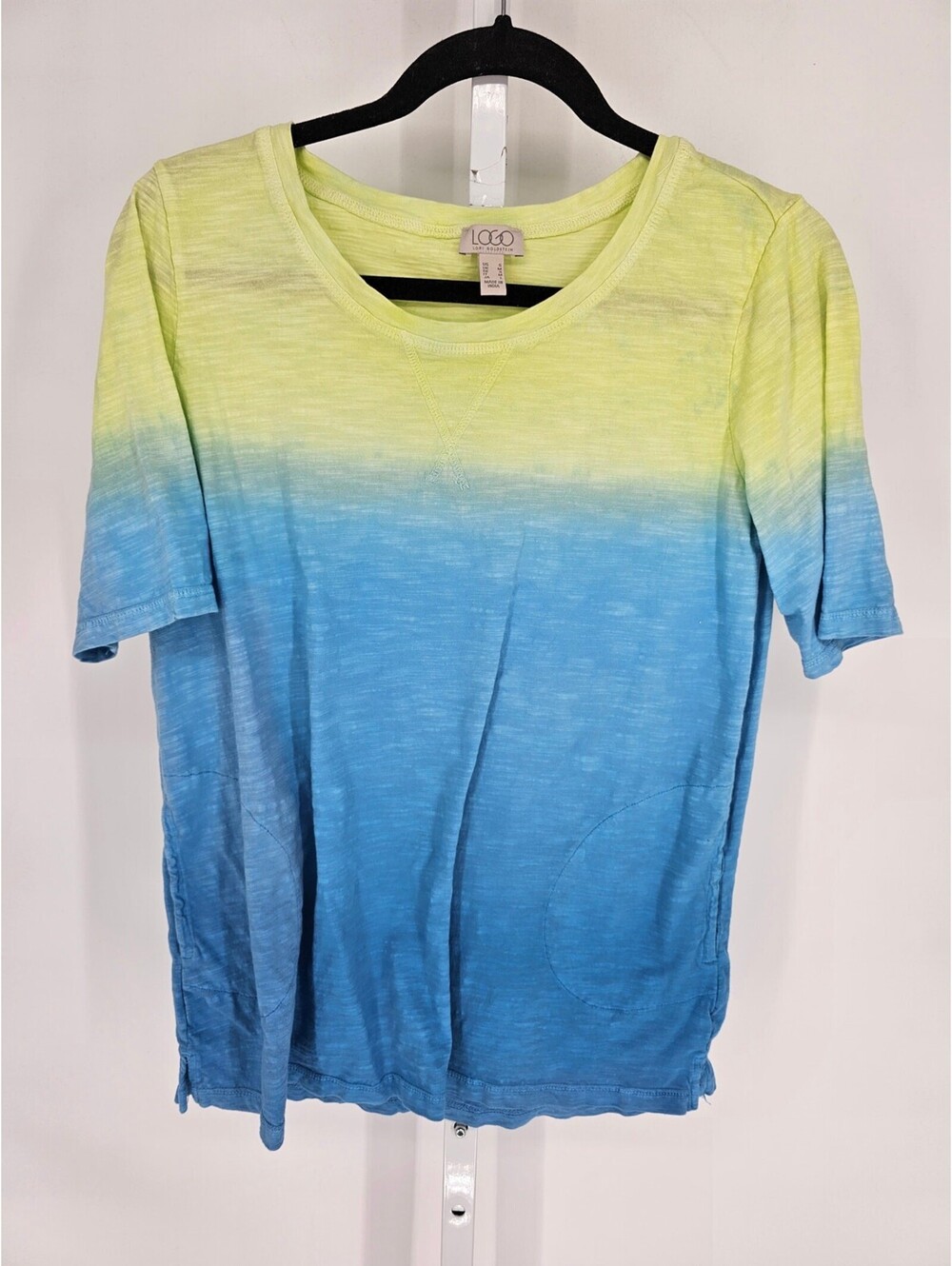 LOGO by Lori Goldstein womens Sz S Short Sleeve T Shirt Blue Yellow Ombre